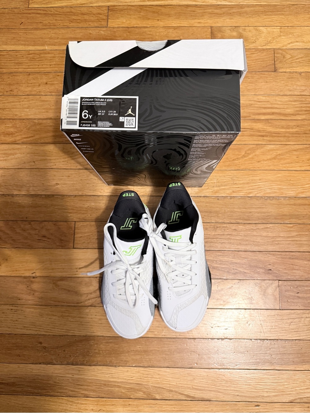 Jordan White Black Sneakers with Neon Green Accents